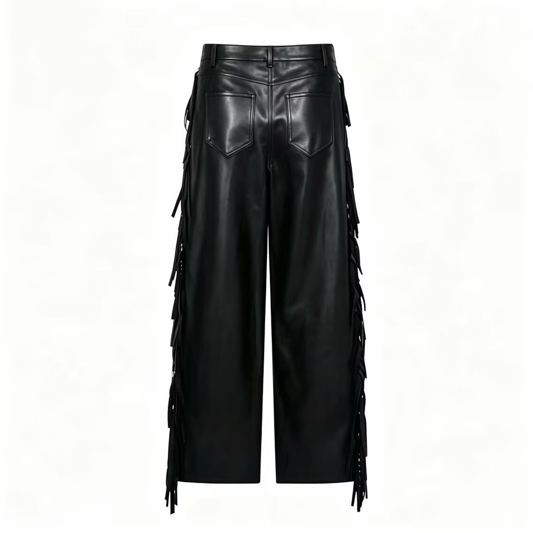 Women's wide faux leather trousers with side fringe detailing and high waist Mune Fashion