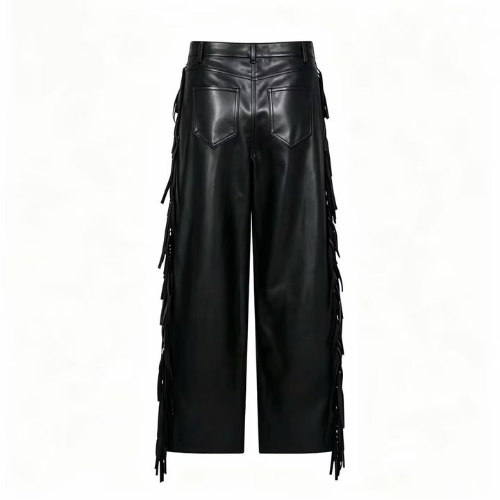 Women's wide faux leather trousers with side fringe detailing and high waist Mune Fashion