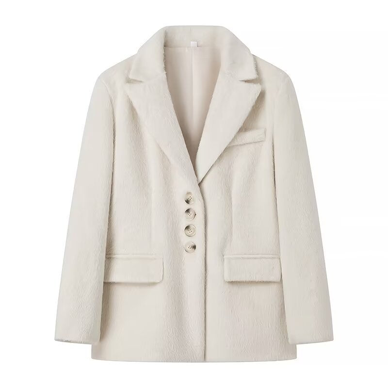 Ladies short blazer with textured faux fur look and lapel collar Mune Fashion