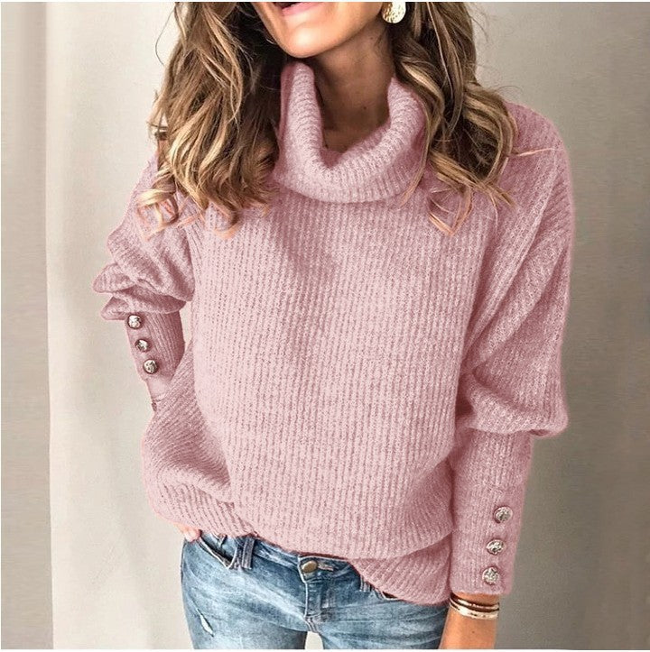 Women's Oversized Turtleneck Sweater with Ribbed Texture and Decorative Button Placket Mune Fashion