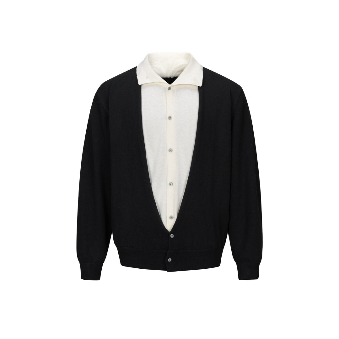 Men's fine-knit layering cardigan with deep V-neck and integrated polo collar Mune Fashion