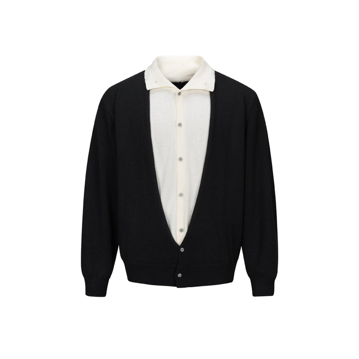 Men's fine-knit layering cardigan with deep V-neck and integrated polo collar Mune Fashion