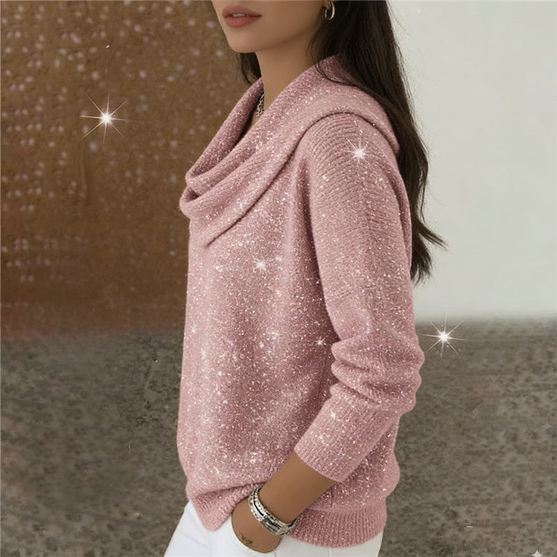Women's Glittering Knit Sweater with Waterfall Neckline Mune Fashion