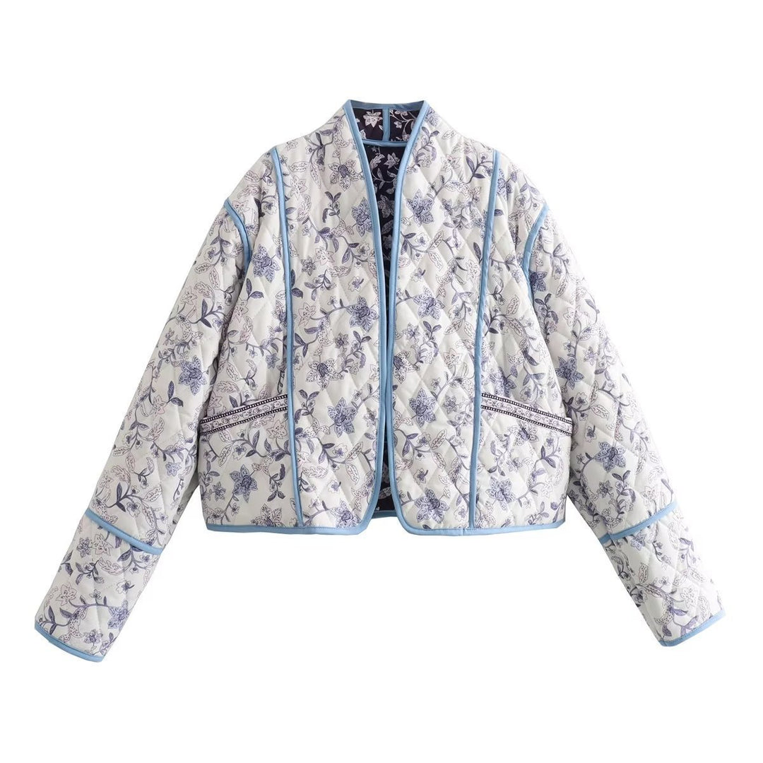 Women Quilted Cropped Puffer Jacket with Floral All-Over Pattern and Contrasting Piping Mune Fashion