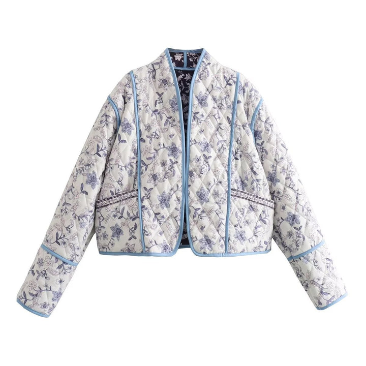 Women Quilted Cropped Puffer Jacket with Floral All-Over Pattern and Contrasting Piping Mune Fashion
