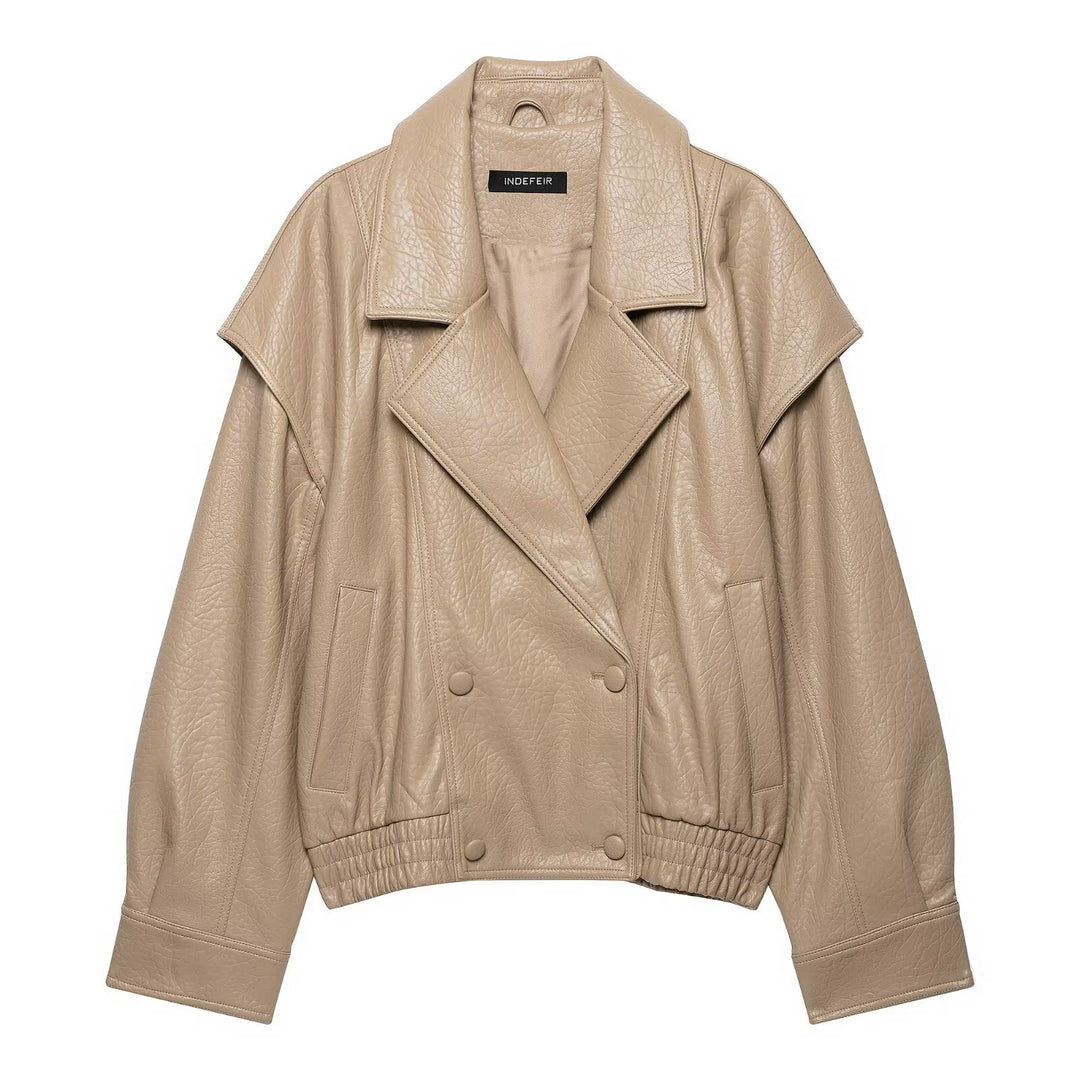 Women's Short Cut Faux Leather Jacket in Oversized Trench Style Mune Fashion
