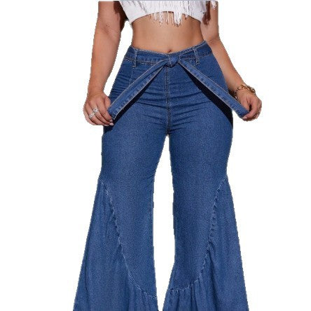 Women's High-Waisted Denim Palazzo Jeans with Overlapping V-Waist, Wide Flare, and Front Slit Mune Fashion