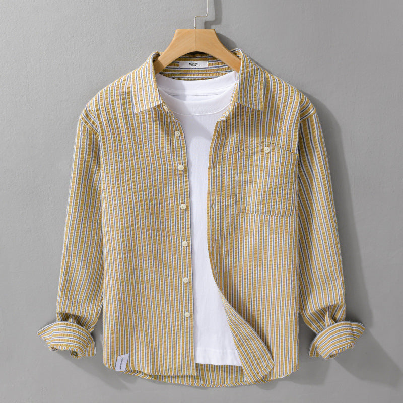 Men's Textured Stripe Shirt in Relaxed Fit made of Cotton-Linen Blend with Chest Pocket Mune Fashion