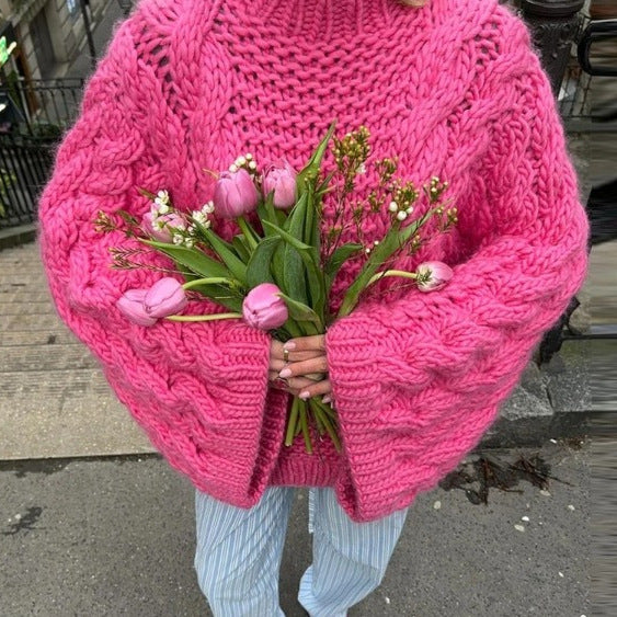 Women's 1800+ Oversize Cable Knit Sweater with Wide Round Neck and Balloon Sleeves Mune Fashion