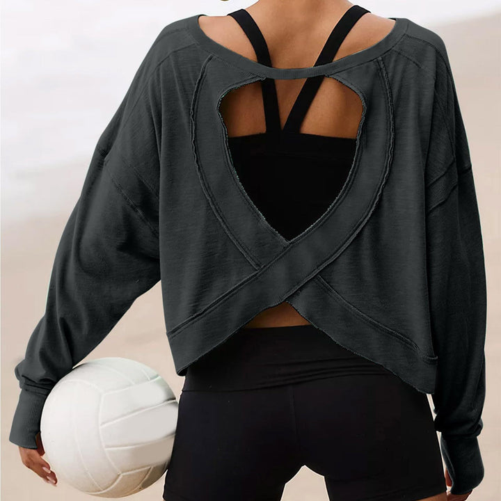 Women's cropped sweatshirt with crossover cut-out back and raw hem edges Mune Fashion