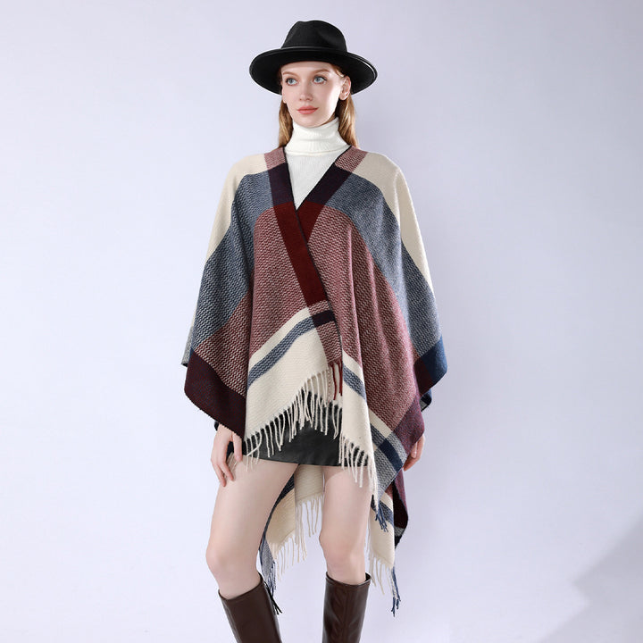 Women Oversized Wool Blend Wrap with V-Neck and Fringe Mune Fashion