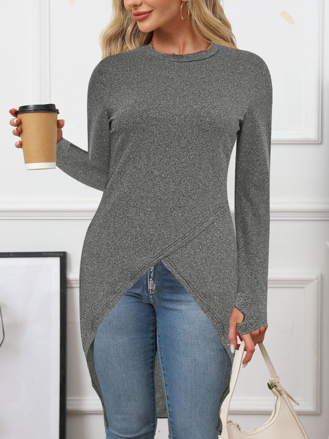 Women Long Asymmetrical Tunic Top with Overlapping Front and Side Slits Drune