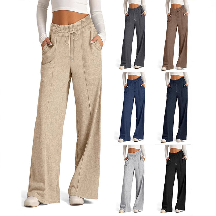 Women's High-Rise Wide-Leg Drawstring Lounge Pants with Side Pockets and Front Seam Mune Fashion