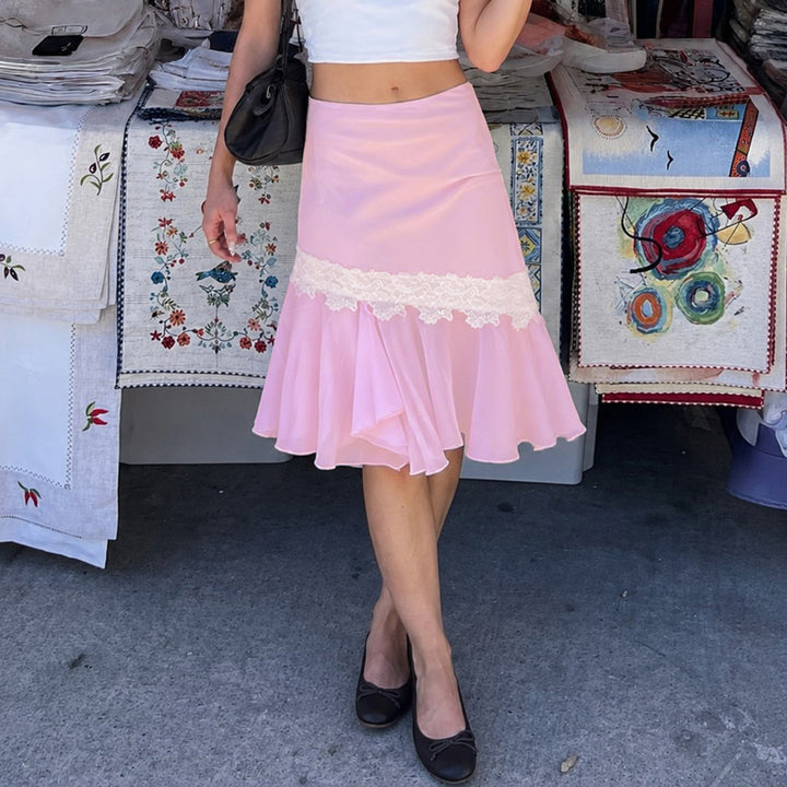 Women Asymmetric Midi Skirt with Lace Trim and Ruffle Hem Mune Fashion