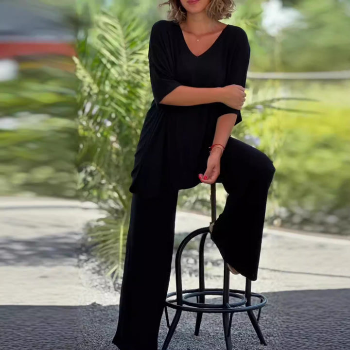 Women's two-piece travel and loungewear set made of soft ribbed jersey with a longline tunic and palazzo pants Mune Fashion