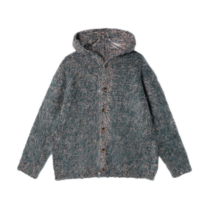 Women's Fluffy Hooded Cardigan with Button Placket and Mélange Bouclé Look Mune Fashion