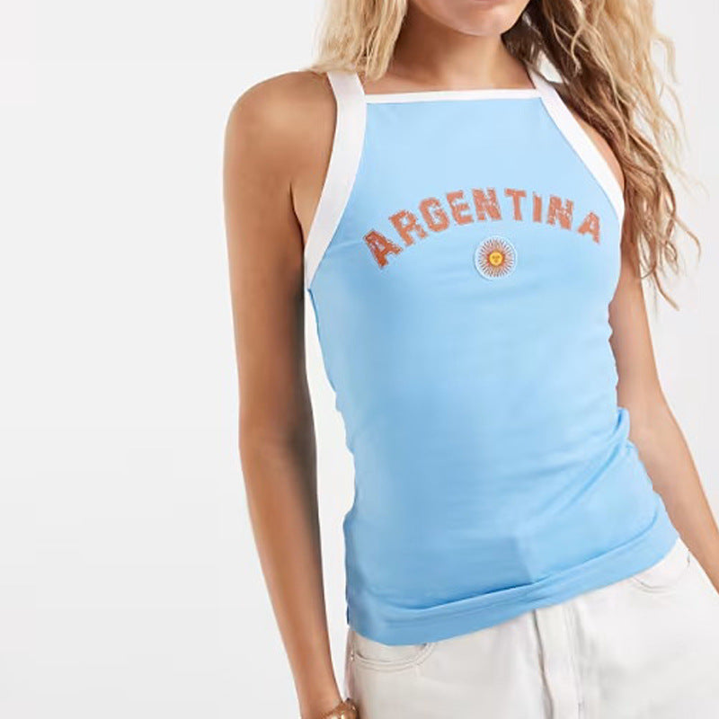 Women's sleeveless halter top with a fitted silhouette and embroidered Argentina lettering Mune Fashion