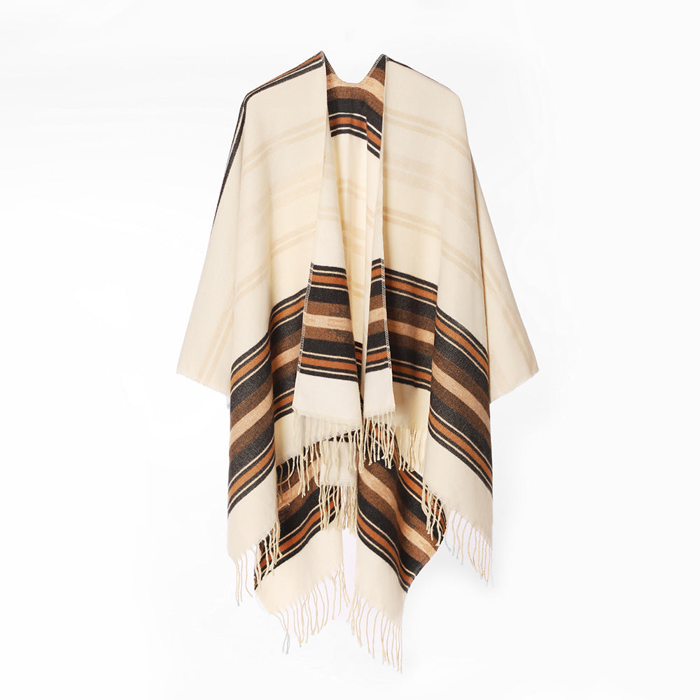 Women's Lightweight Ruana Poncho made of Wool-Viscose Blend with Striped Woven Border and Fringe Hem Mune Fashion
