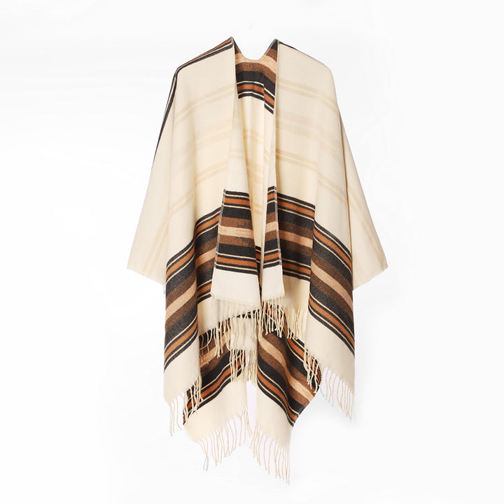 Women's Lightweight Ruana Poncho made of Wool-Viscose Blend with Striped Woven Border and Fringe Hem Mune Fashion