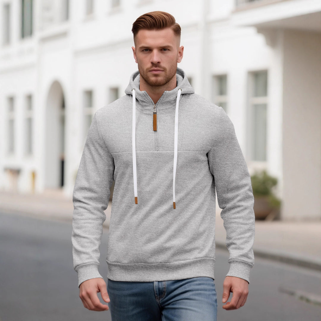 Men's Half-Zip Hooded Sweatshirt with Stand-Up Collar, Drawstring and Leather Details Mune Fashion