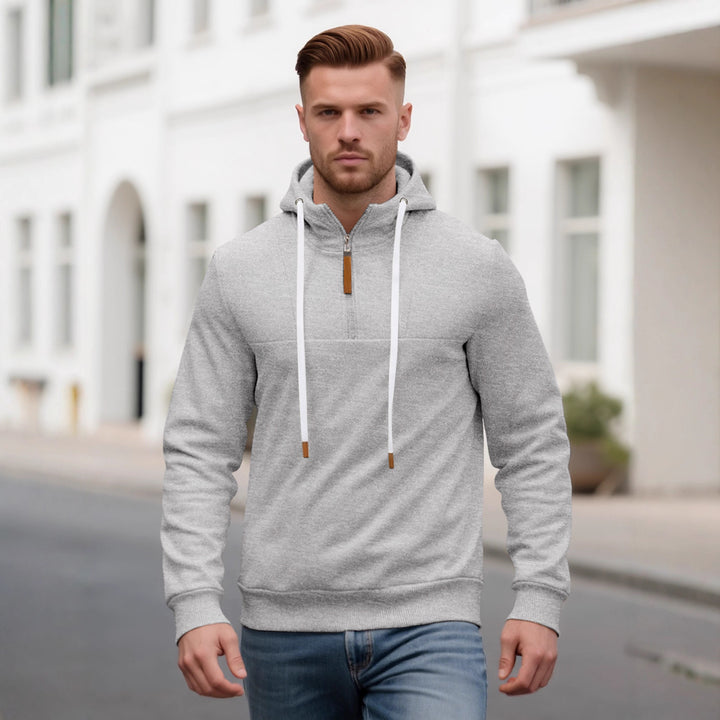 Men's Half-Zip Hooded Sweatshirt with Stand-Up Collar, Drawstring and Leather Details Mune Fashion