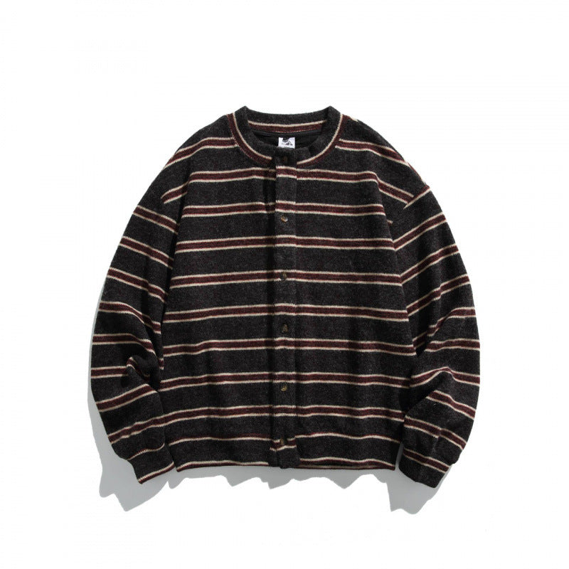 Unisex locker-cut striped cardigan with round neck and decorative button placket Mune Fashion