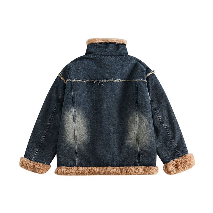 Women's denim jacket with teddy lining, high buckle collar and used effect Mune Fashion