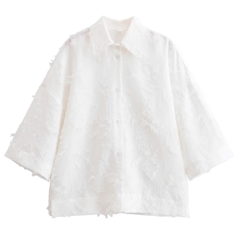 Ladies 300+ oversized structured blouse with fringe look and three-quarter sleeves Mune Fashion