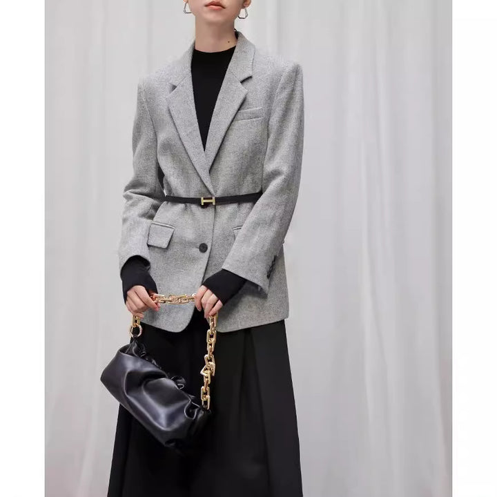 Ladies Elegant Tweed Blazer with Waist Belt Mune Fashion