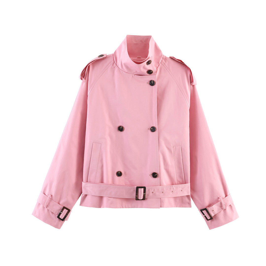Women 20+ short double-breasted trench jacket in boxy cut with stand-up collar shoulder epaulets and adjustable waist belt Drune