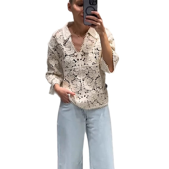 Women's Crocheted Blouse with Floral Openwork Pattern and Three-Quarter Sleeves Mune Fashion