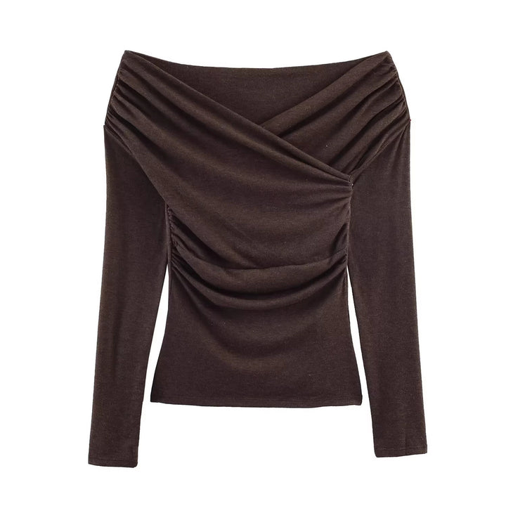 Women Off-Shoulder Gathered Long Sleeve Top with Wrap Draping Mune Fashion