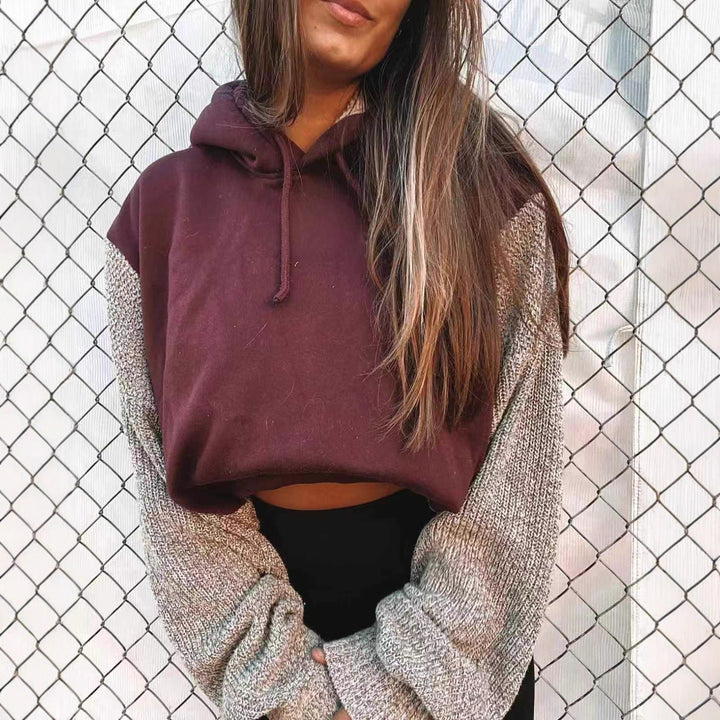 Women's Hooded Cropped Pullover with Wide-Cut Knitted Sleeves and Drawstring Mune Fashion