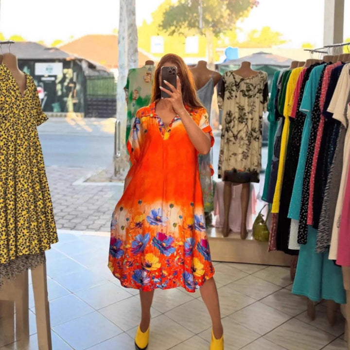 Women's lightweight shirt dress with floral border print, open V-neck and side pockets Mune Fashion