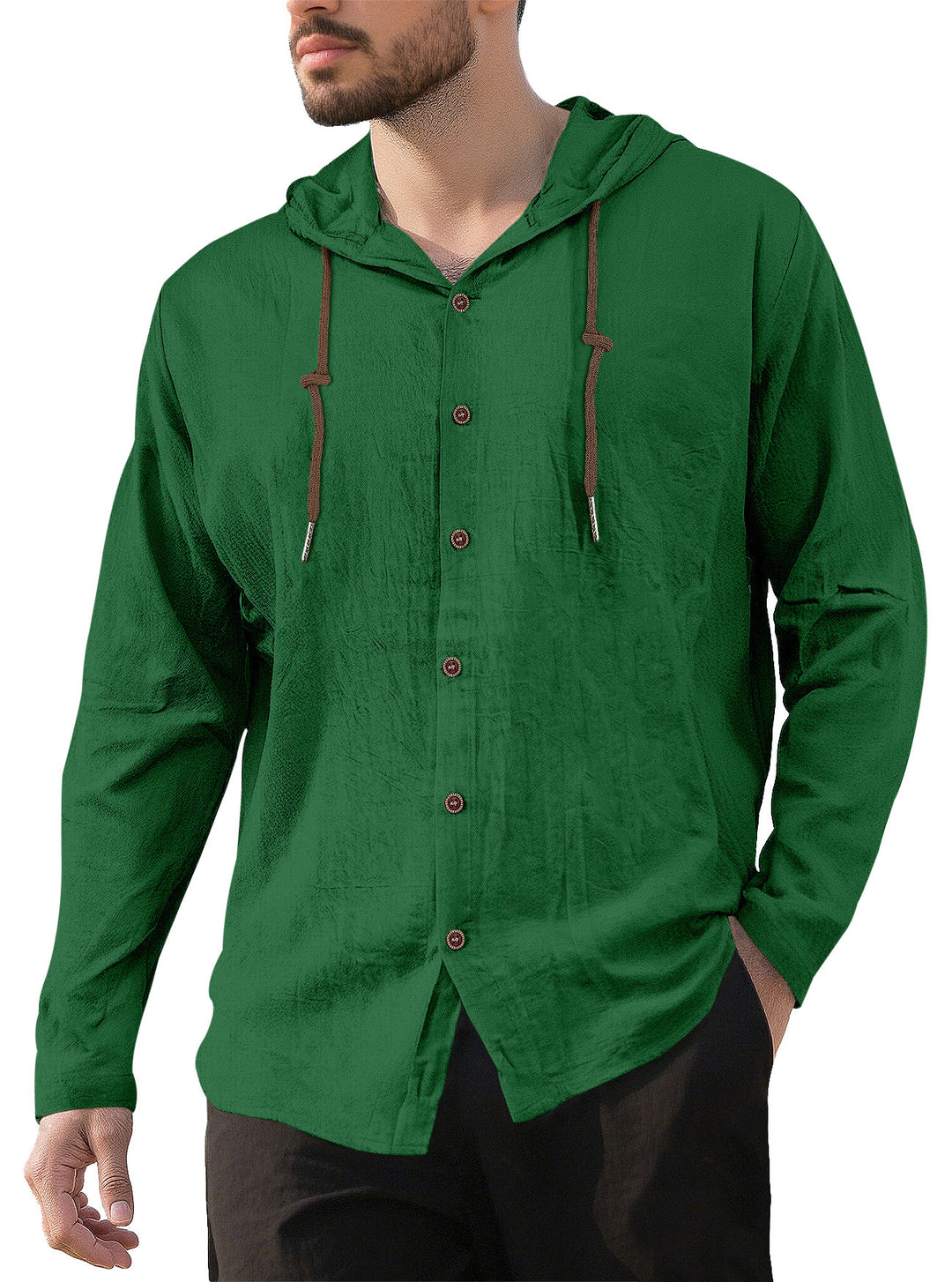 Men's textured linen blend hooded shirt with button placket, wood buttons, and side slits Mune Fashion