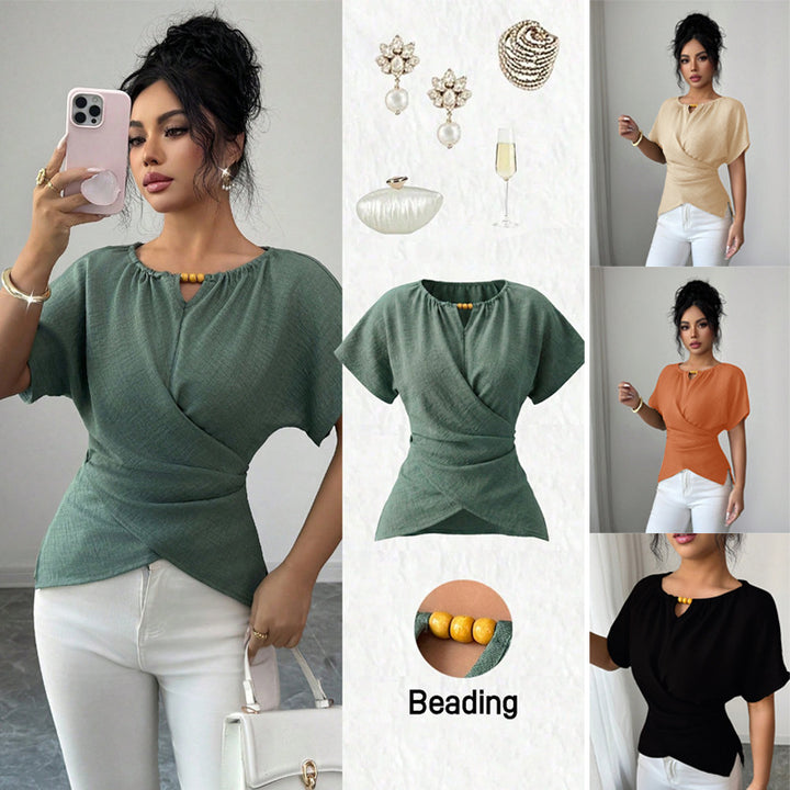 Women's Tailored Linen Look Top with Keyhole Opening, Bead Detail and Draping Mune Fashion