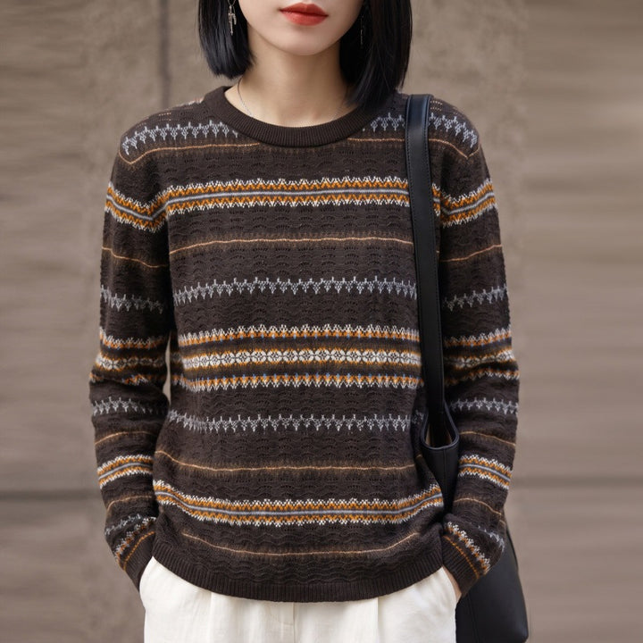 Women's Lightweight Round Neck Sweater in Norwegian Stripe Design with Structured Eyelet Optics Mune Fashion