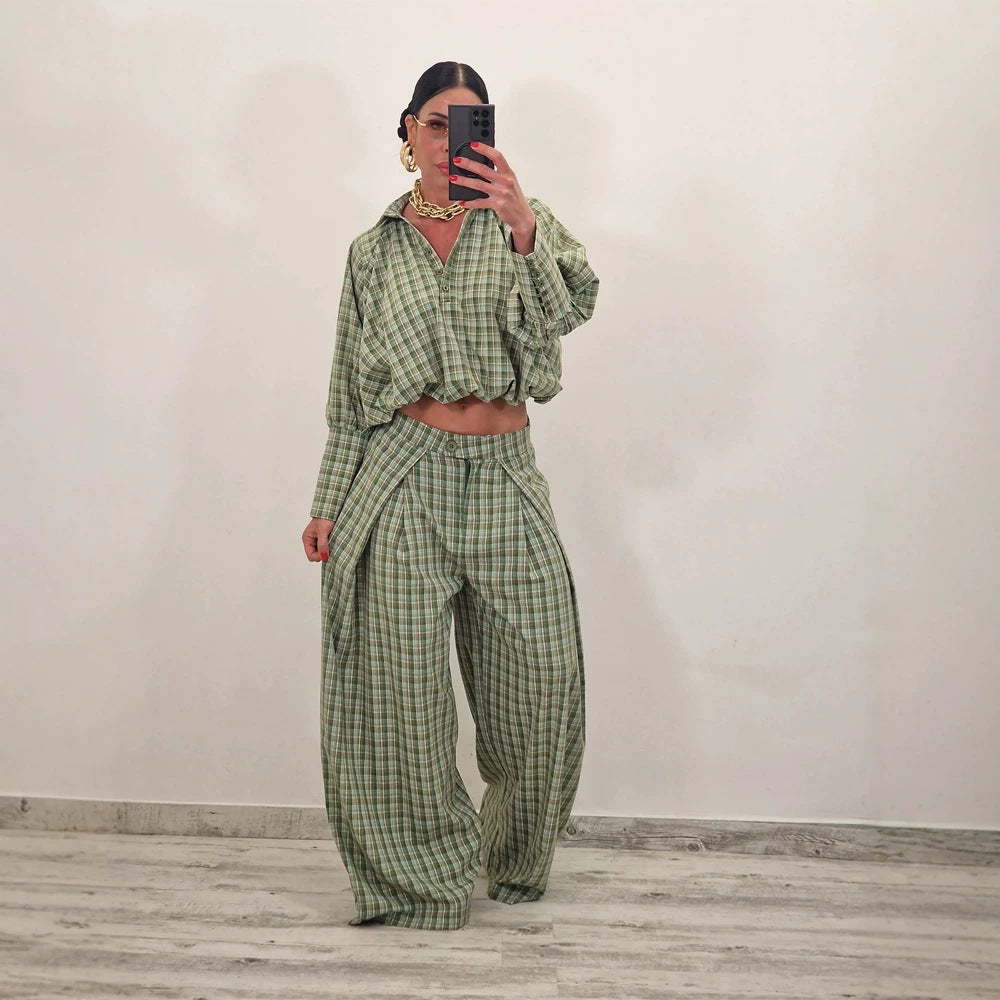 Women's Two-Piece Checked Set with Cropped Oversized Shirt and Wide Pleated Trousers Mune Fashion