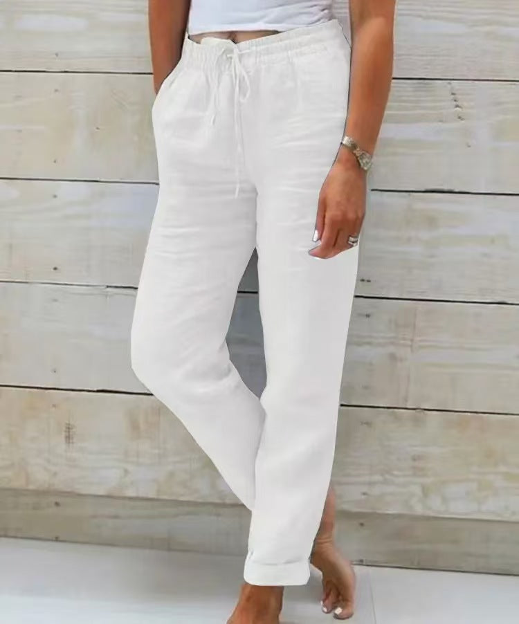 Women's casual linen pants with elastic waistband drawstring and side pockets Mune Fashion