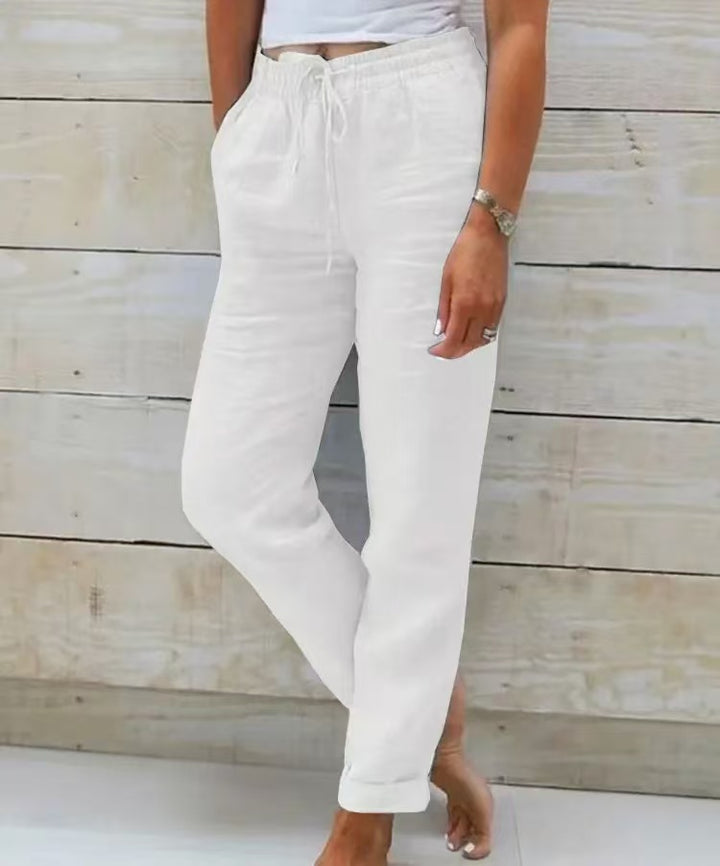 Women's casual linen pants with elastic waistband drawstring and side pockets Mune Fashion