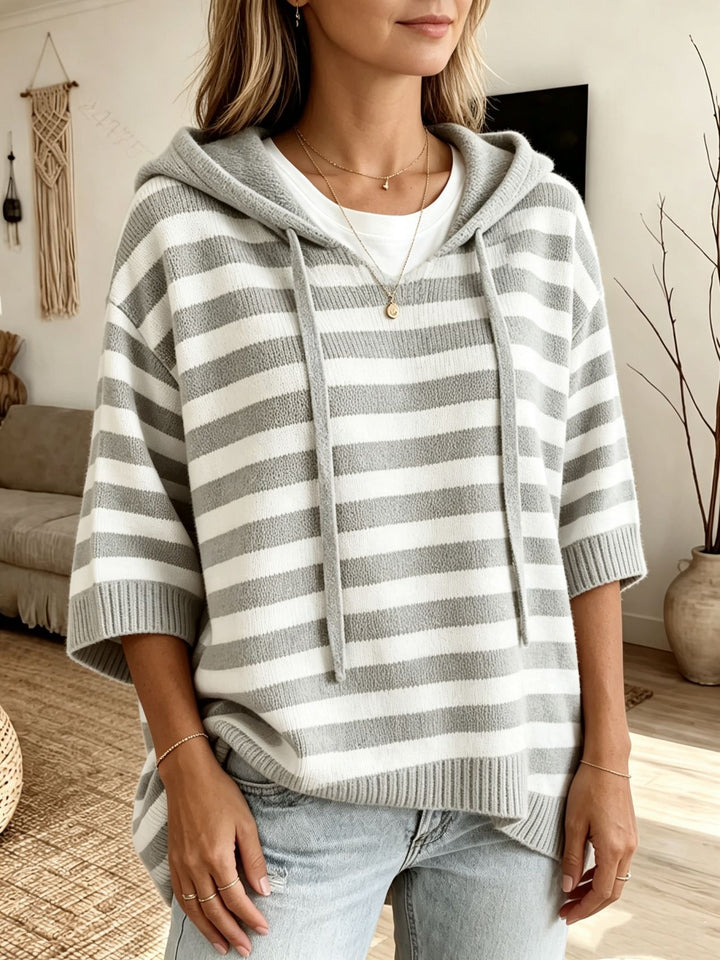 Women Casual Striped Hooded Poncho made of Soft Fine Knit with Half-Length Sleeves Mune Fashion