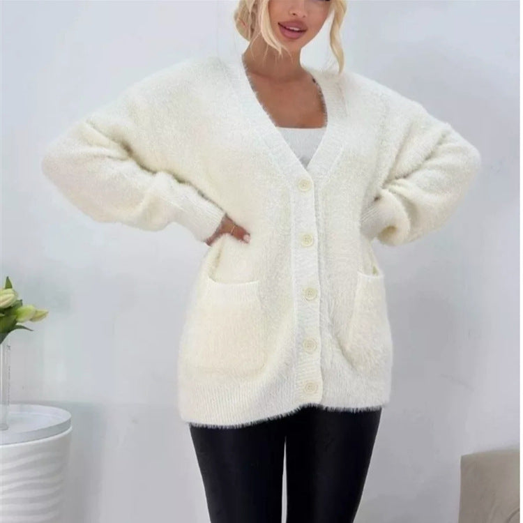 Women Fluffy Oversized Button Cardigan with Deep V-Neck and Patch Pockets Mune Fashion