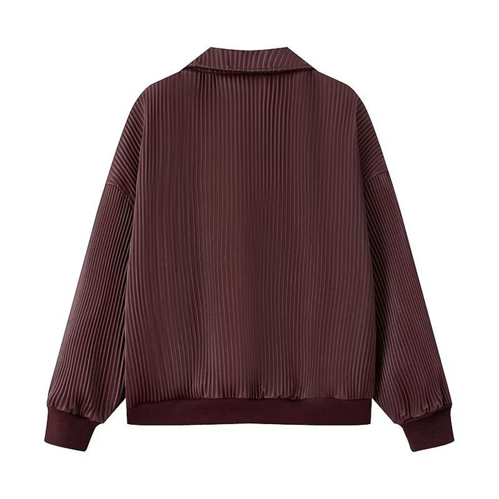 Women Pleated Bomber Jacket with fine vertical structure, metal zipper and elastic cuffs Mune Fashion