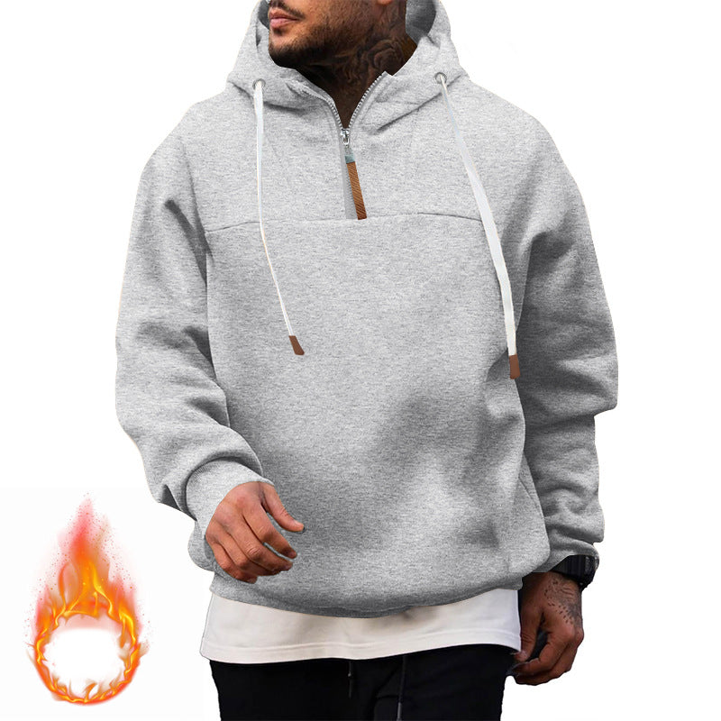 Men's Fleece Half-Zip Hoodie with Hood, Drawstring, and Elastic Cuffs Mune Fashion
