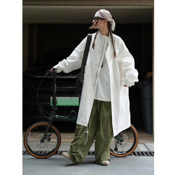 Women's Lightweight Oversized Coat with Stand Collar, Concealed Zipper, and Drawstring Hood