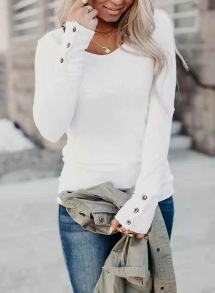Women's Fitted Long Sleeve Shirt with Decorative Buttons at the Sleeve Hem Mune Fashion
