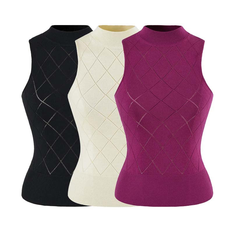 Women's Sleeveless Fine Knit Vest with Stand-Up Collar and Tailored Diamond Pattern Mune Fashion