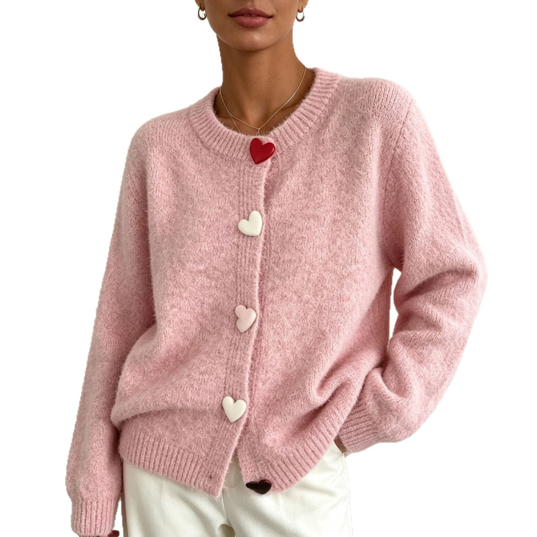 Women Fluffy Short Cardigan with Heart Button Placket and Raglan Sleeves Mune Fashion