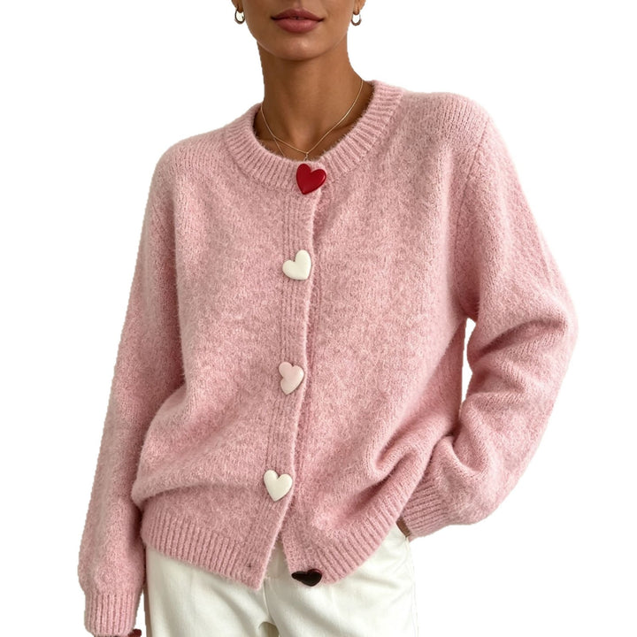 Women Fluffy Short Cardigan with Heart Button Placket and Raglan Sleeves Mune Fashion