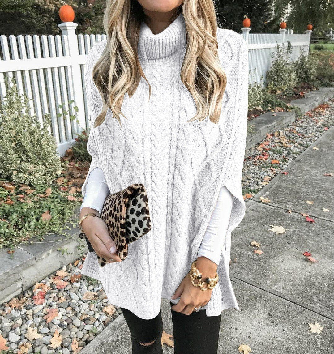 Women's Chunky Knit Poncho with High Collar and Cable Design Mune